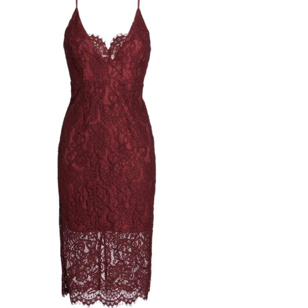 BARDOT LACE PENCIL DRESS IN BURGUNDY - Picture 4 of 5